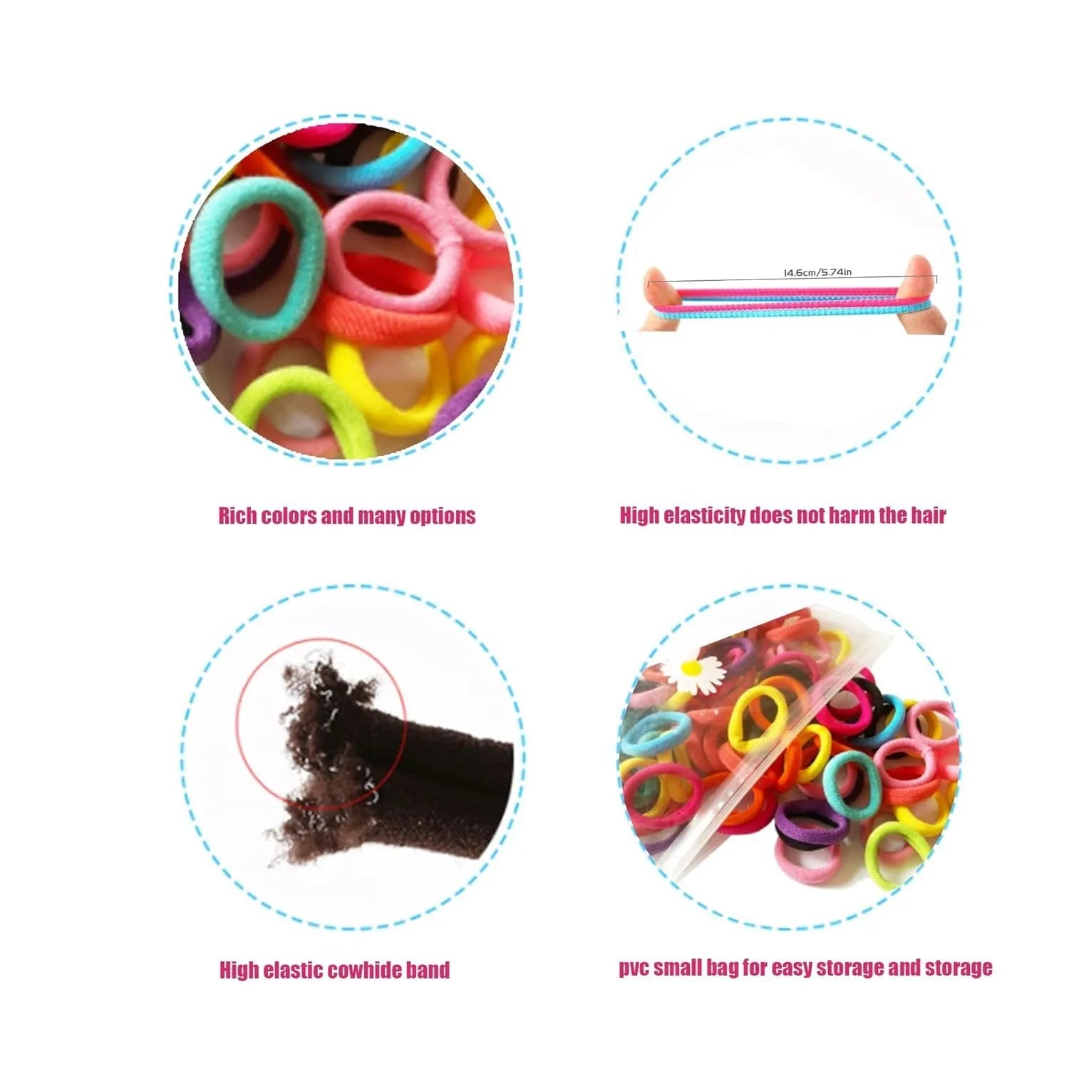 100 seamless cotton baby hair ties in 10 assorted colours stored in a small jar