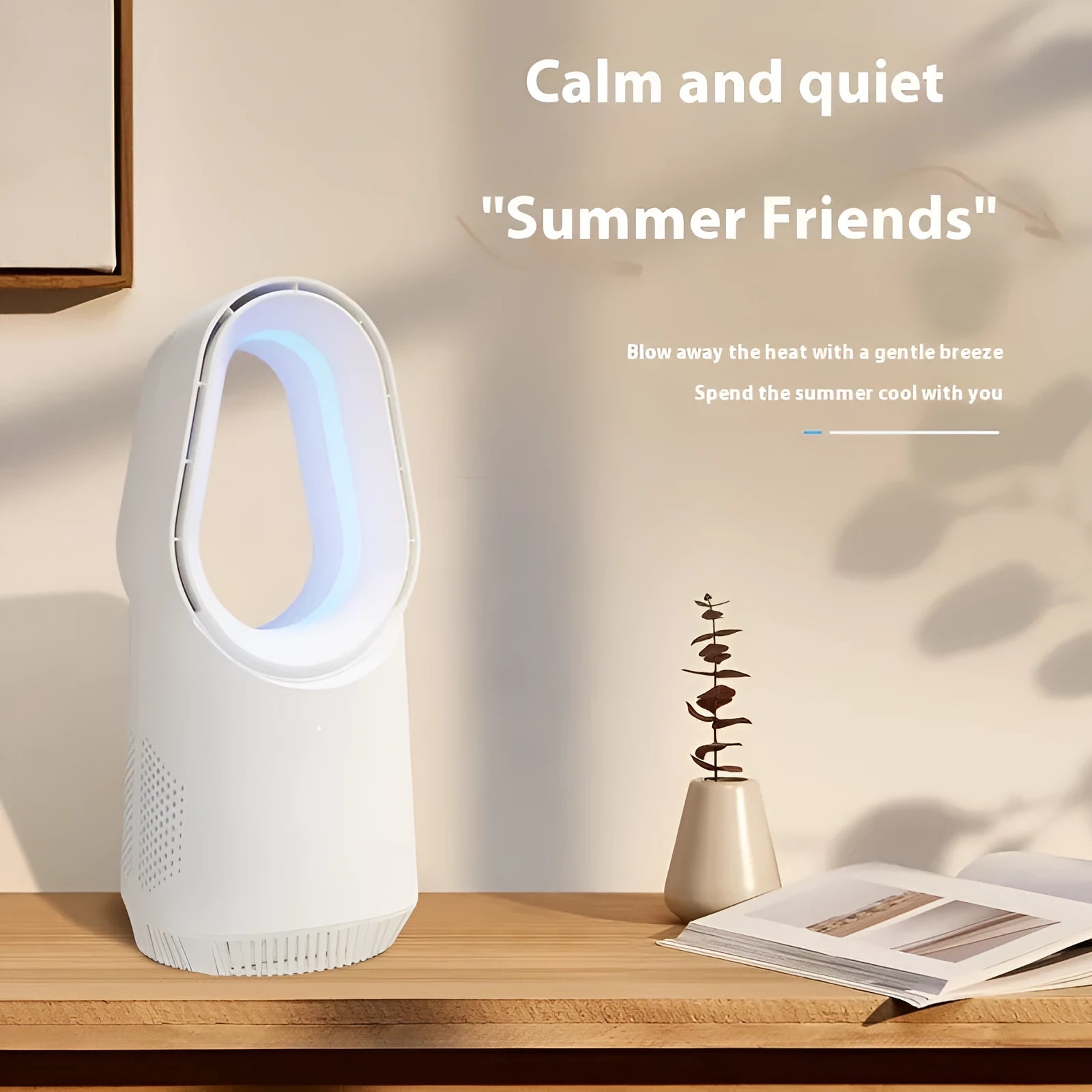 White bladeless tower fan with remote control and touch screen buttons for floor or desktop use