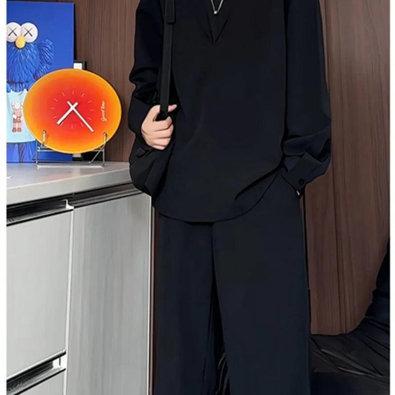Man wearing a slim fit apricot long sleeve polo shirt and matching trousers from a casual two-piece suit set.