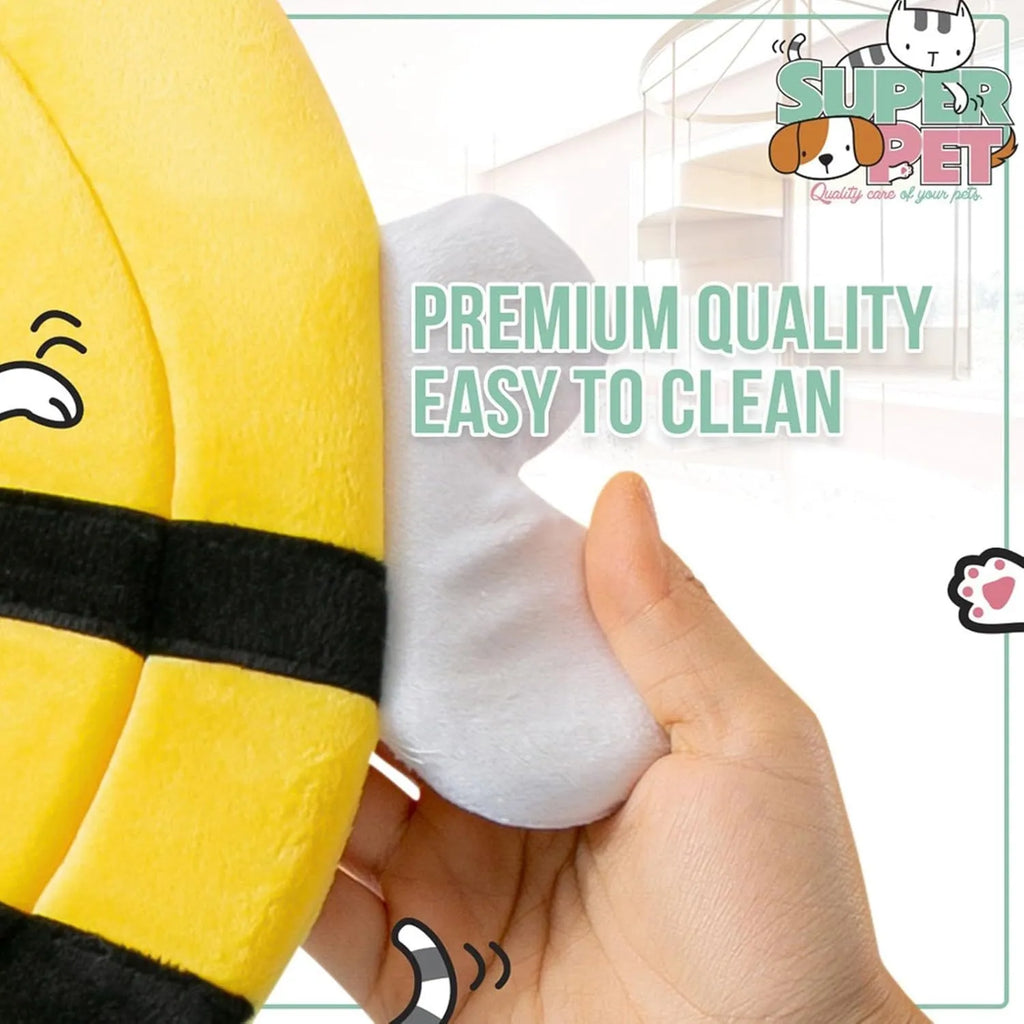 Soft cat cone collar with black and yellow bee design and adjustable Velcro strap.