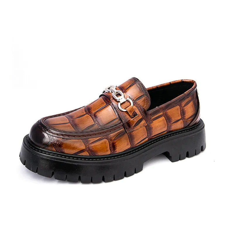 Pair of autumn men's crocodile pattern leather loafers in brown with flat heel platform sole
