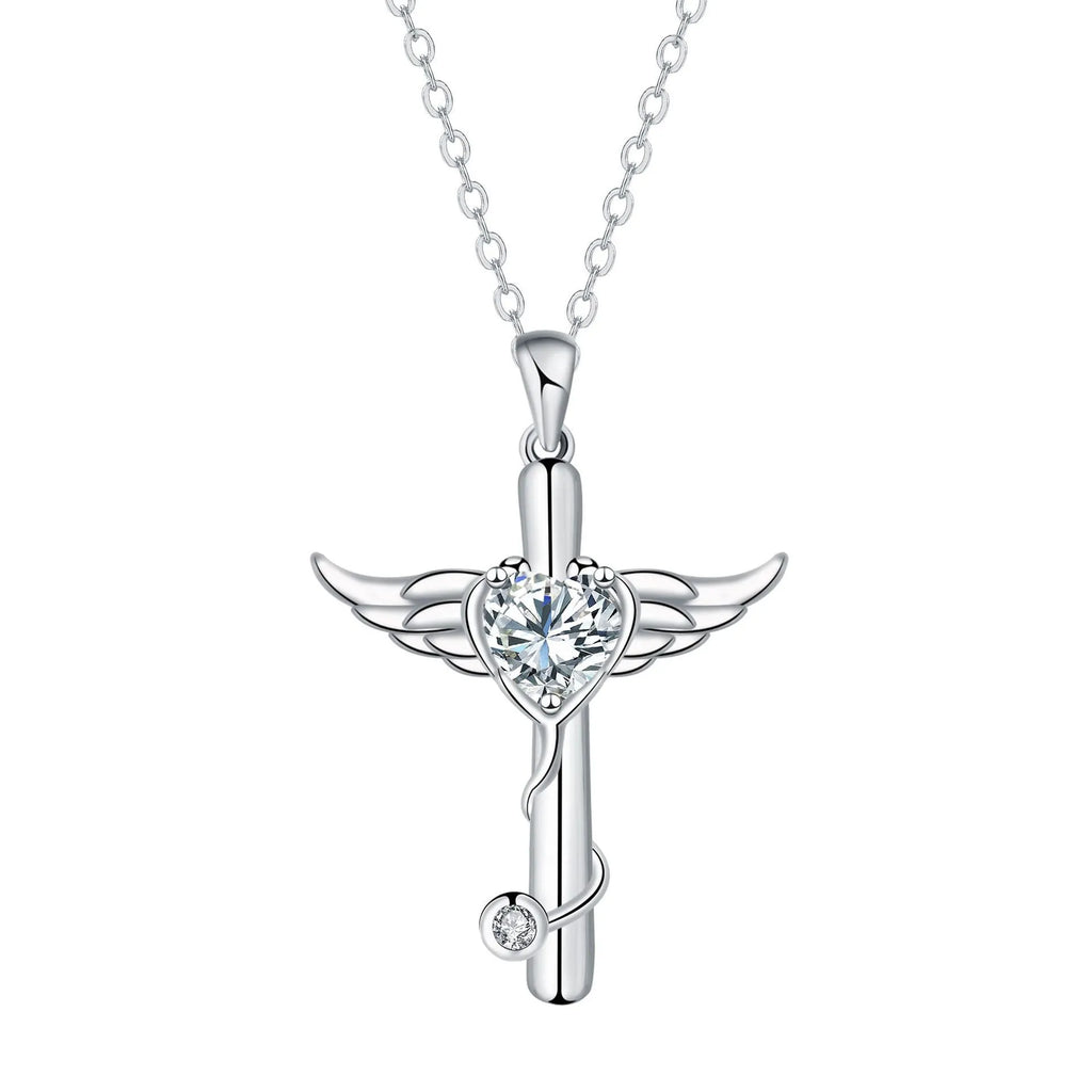 Copper stethoscope necklace with wings pendant in red diamond or white diamond finish for women