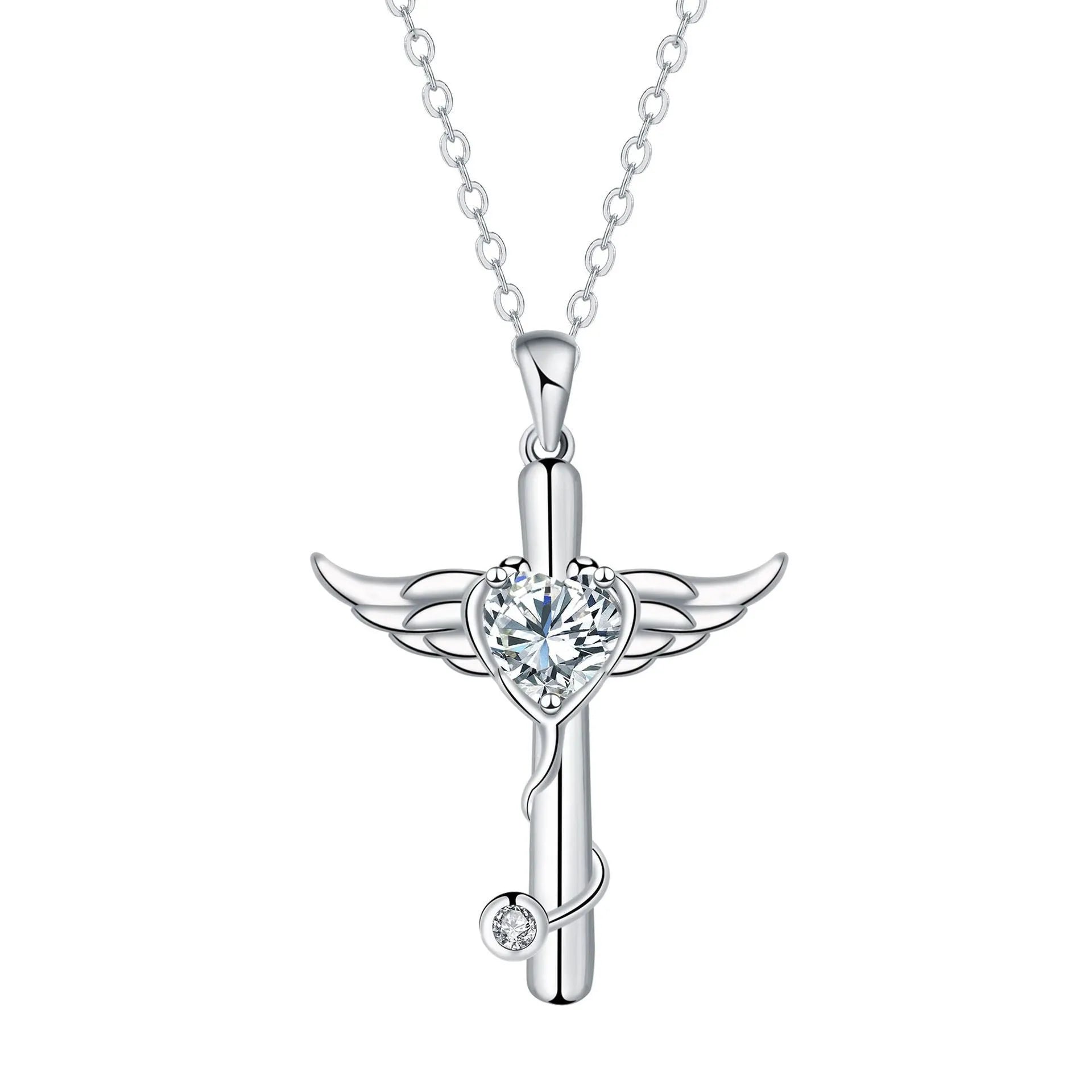Copper stethoscope necklace with wings pendant in red diamond or white diamond finish for women