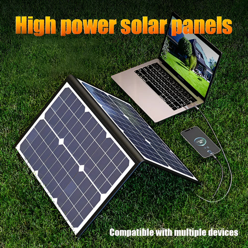 Black 40W single crystal solar folding panel showing compact folded size.
