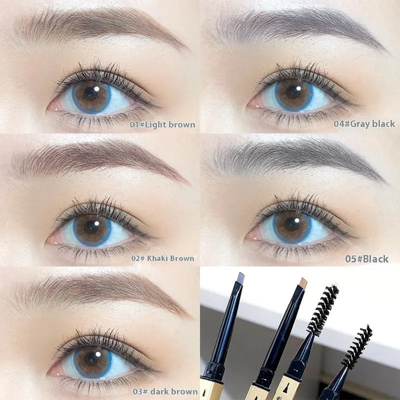 Small Gold Chopsticks Ultra-fine Eyebrow Pencil in five colour shades on a grey background.