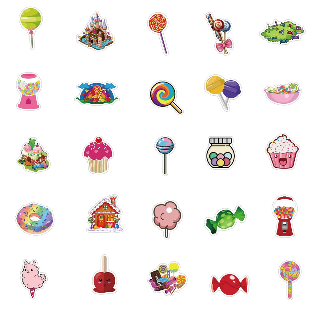 Pink pack of 50 colourful Candy series graffiti stickers with cartoon patterns, each sticker 4-6cm long.