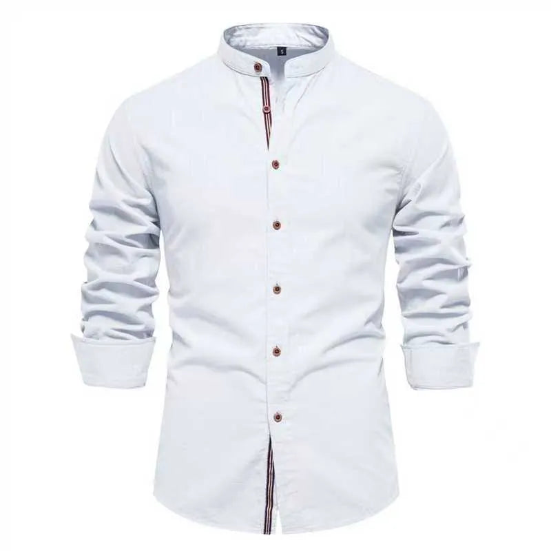 Men's solid colour linen blend long sleeve shirt in ivory white, front view, with non-iron finish
