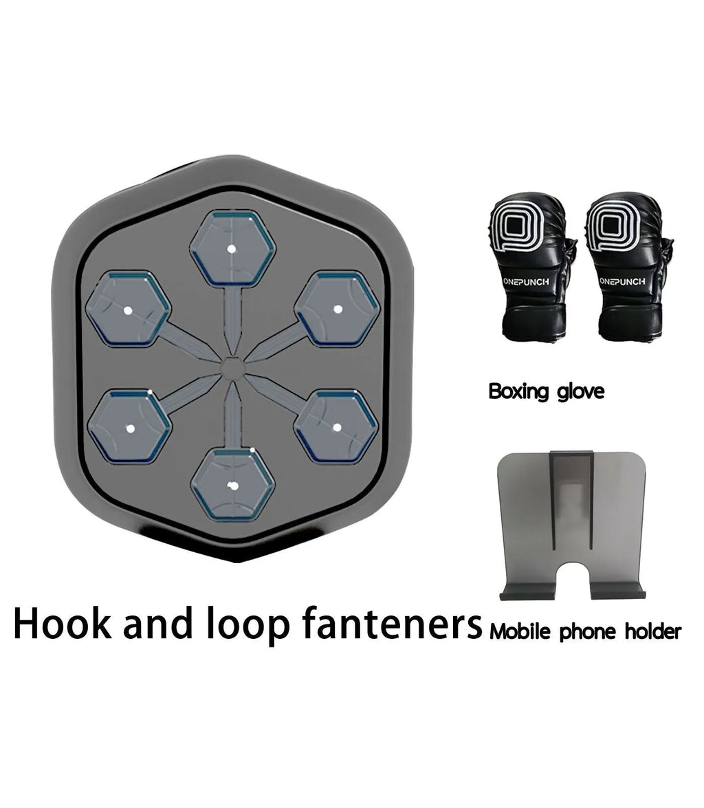 Black smart music boxing machine with Bluetooth connection and included gloves