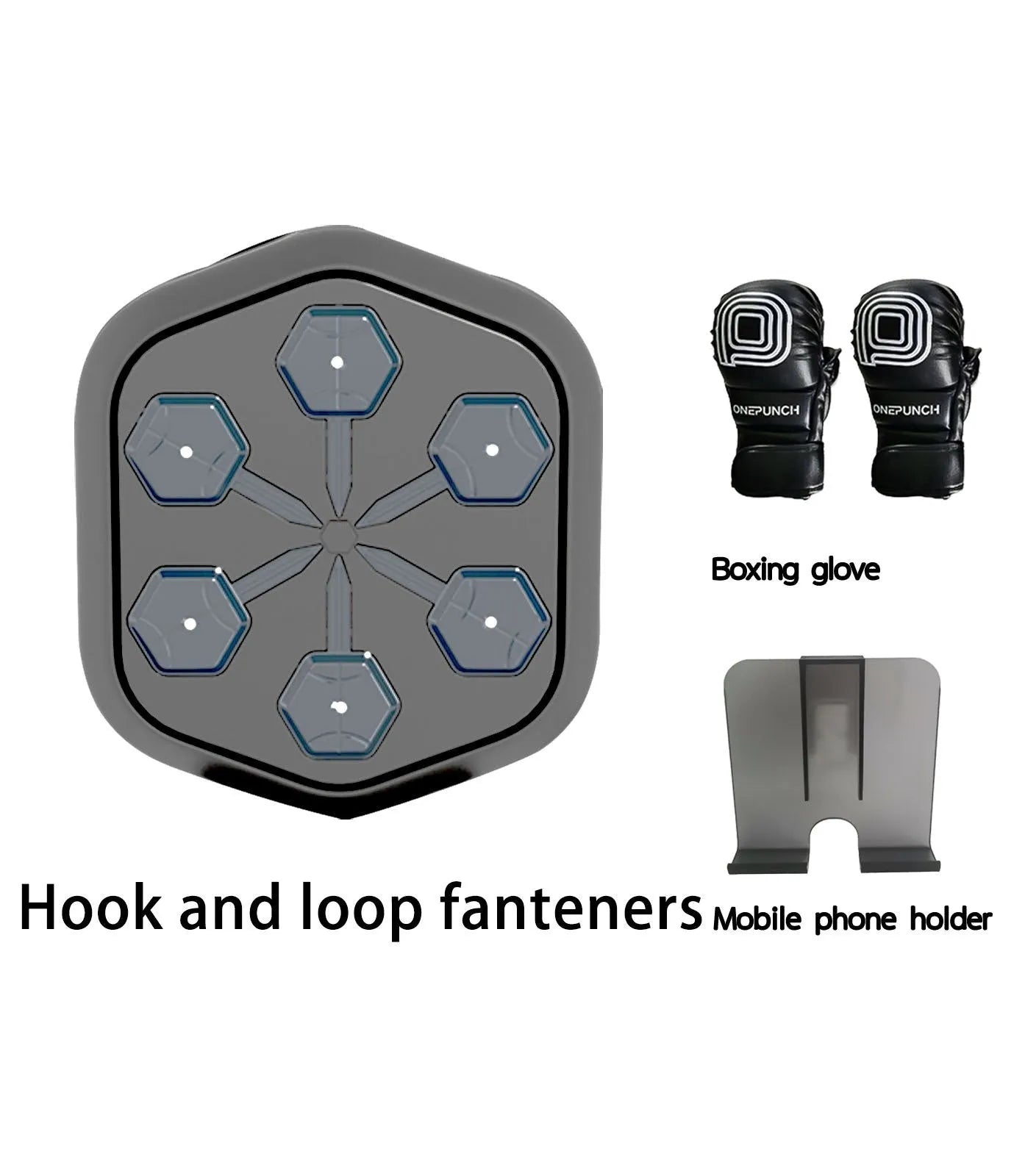 Black smart music boxing machine with Bluetooth connection and included gloves