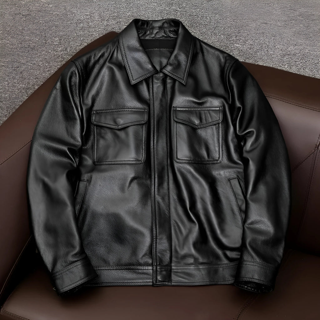 Men's black PU leather lapel jacket shown on a model, featuring side seam pockets and a loose fit.
