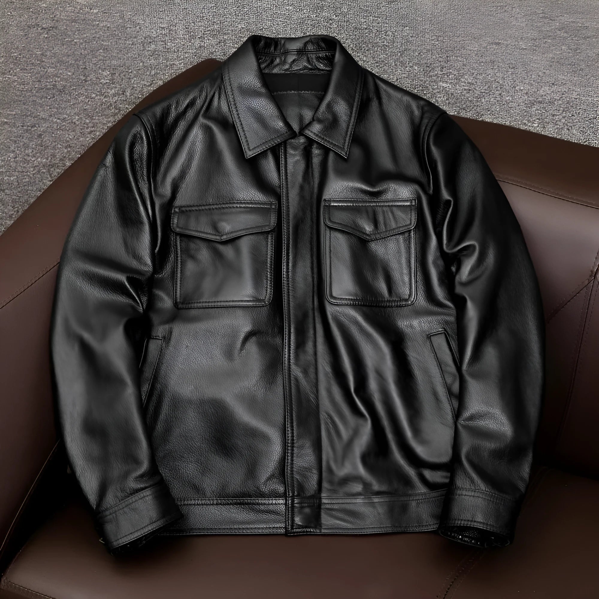 Men's black PU leather lapel jacket shown on a model, featuring side seam pockets and a loose fit.