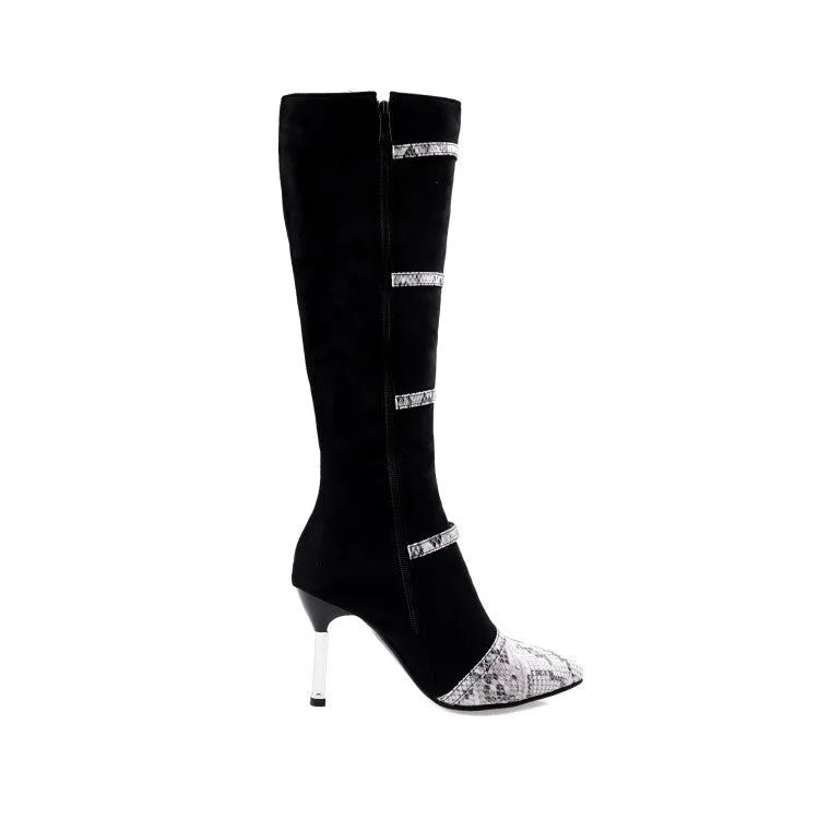 Women's grey knee-high boots with stiletto heels showing shaft height and PU leather texture