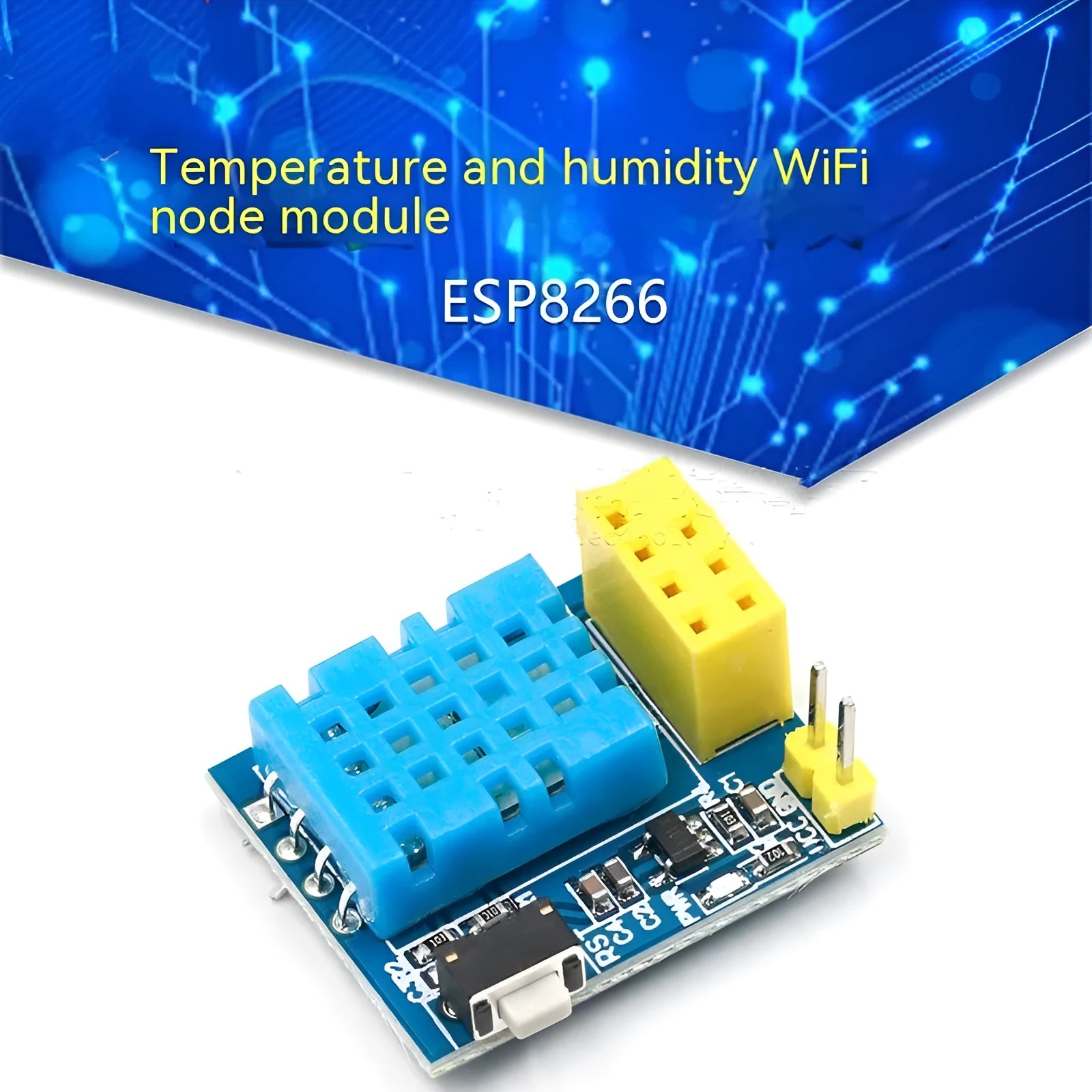 Temperature and humidity WiFi node module with DHT11 sensor on compact PCB, 25mm by 21mm size