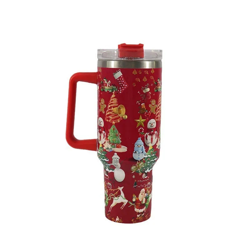 Christmas pattern stainless steel vacuum tumbler with handle and straw, 1200ml capacity, leakproof lid