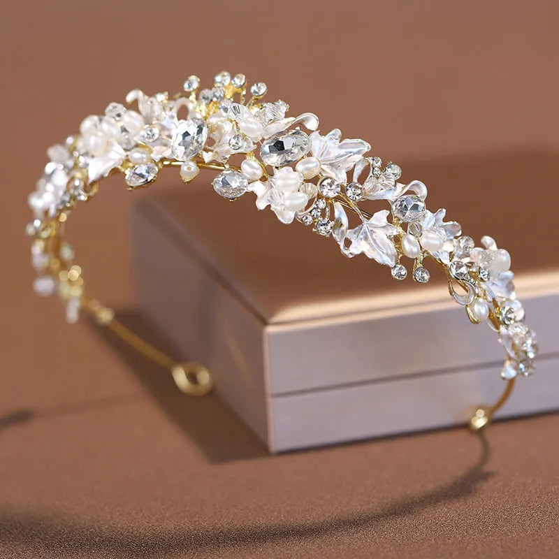 Pearl crown headdress hair accessory in gold or silver electroplated alloy