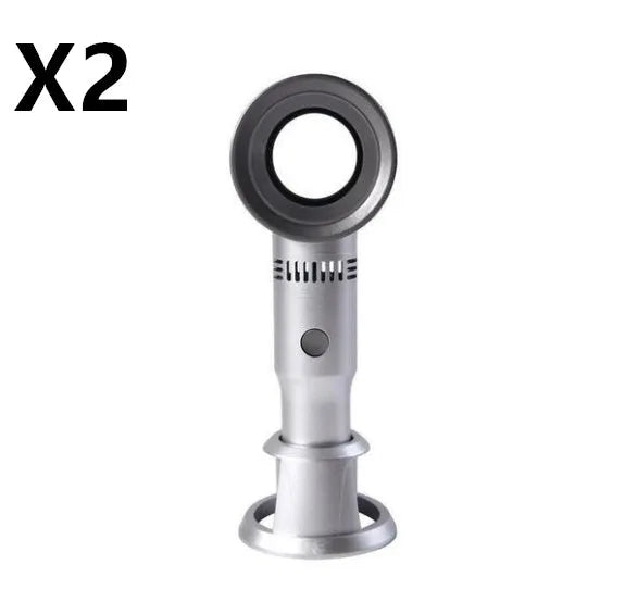Portable bladeless fan in white with USB charging cable, base, and three speed settings