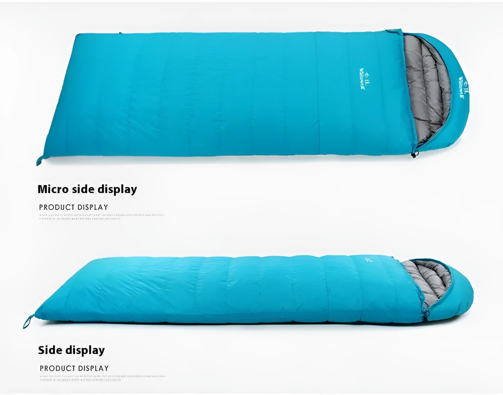 Black outdoor sleeping bag with goose down filling and nylon exterior