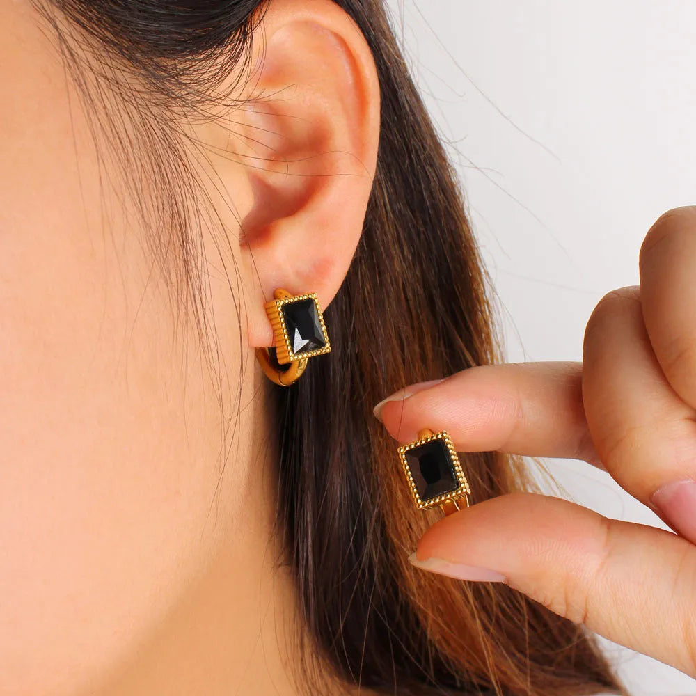Geometric stainless steel earrings with square zircon and round ring elements in three colour options