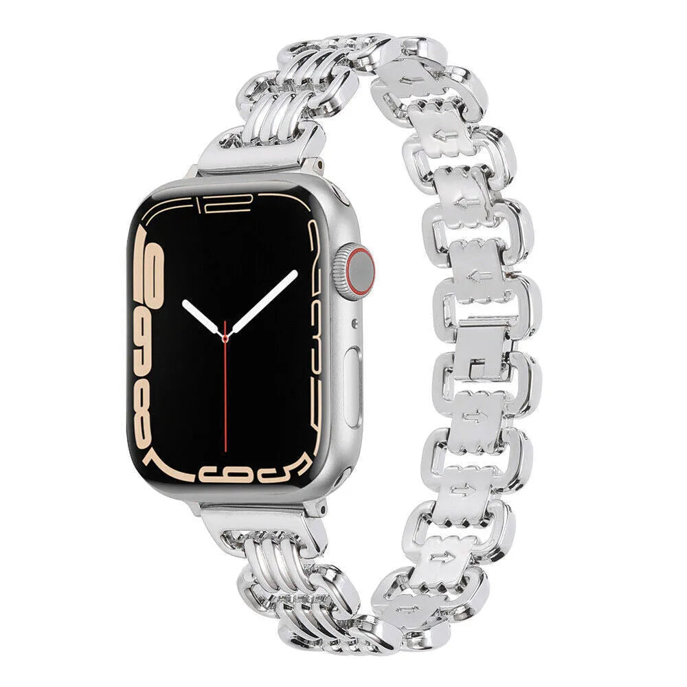 Alloy metal replacement bracelet for Apple Watch in silver, black, gold, rose gold, and Starlight colours.