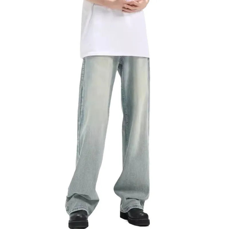 Blue retro-style loose casual trousers made from rabbit fur fabric on a mannequin.