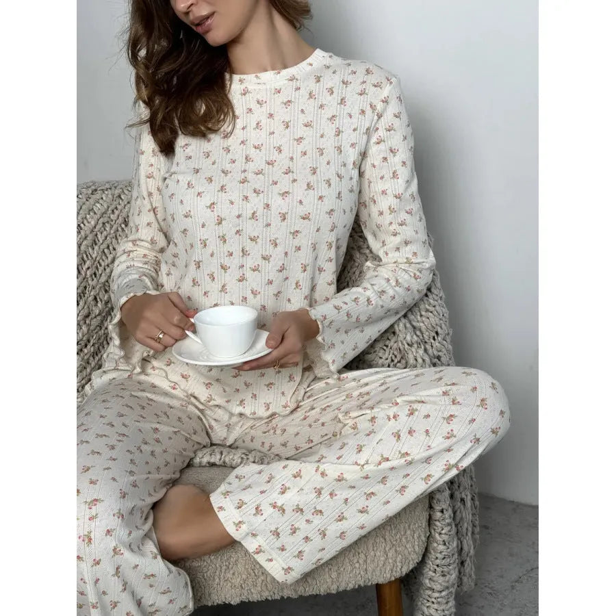 Women's white floral print bell sleeve top and wide leg trousers lounge suit set