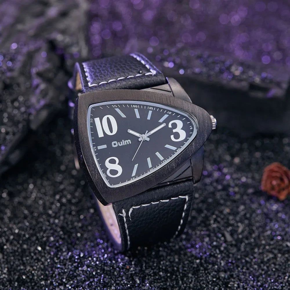 Men's triangle belt quartz watch showing 9mm thickness in brown, black or blue colour options