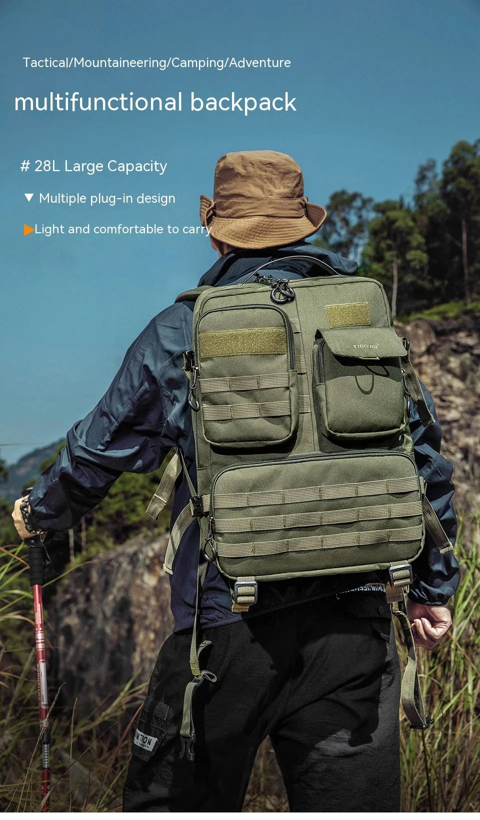 Army green waterproof tactical backpack with 17-inch size and 20-35 litre capacity