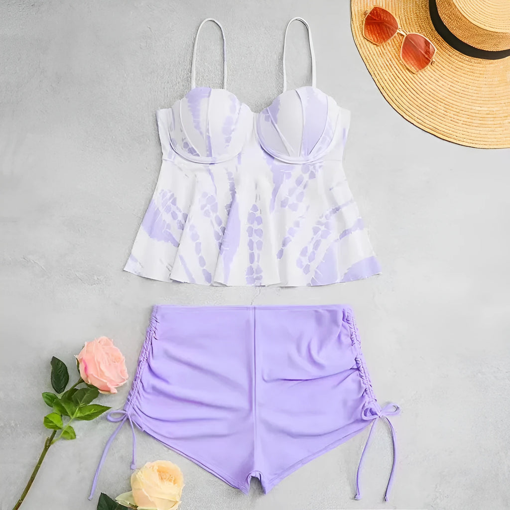Women's hard bag printed split bikini swimsuit in polyester, white colour, with top and shorts
