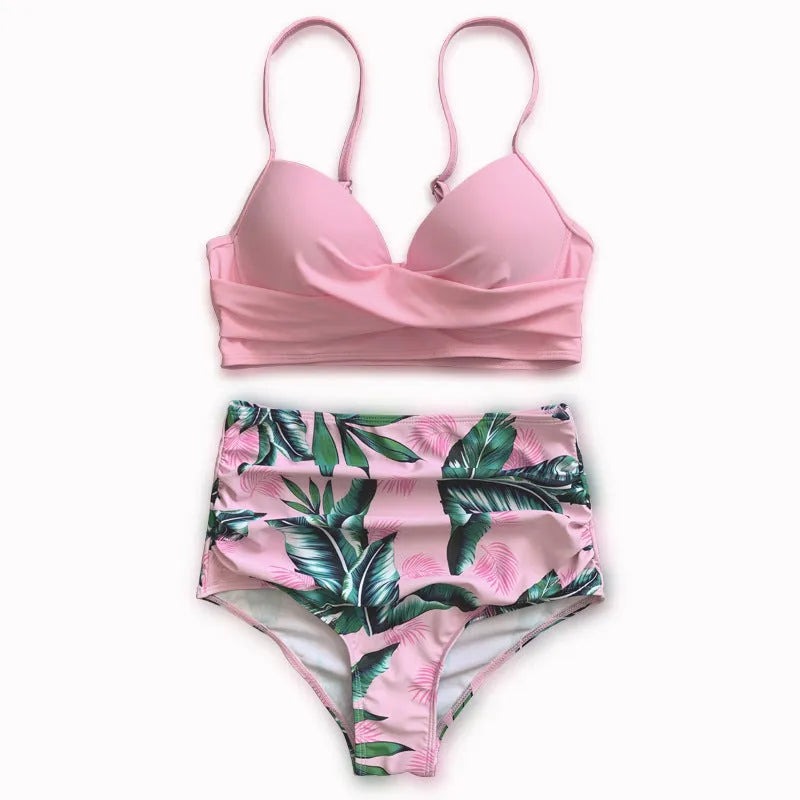 Women's steel bracket push up high waist printed split bikini set in pink floral pattern