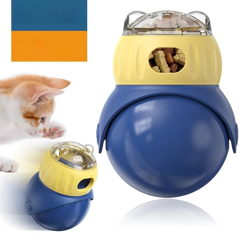 Tumbler owl cat puzzle feeder in morandi yellow and blue colours with rotating food dispenser mechanism