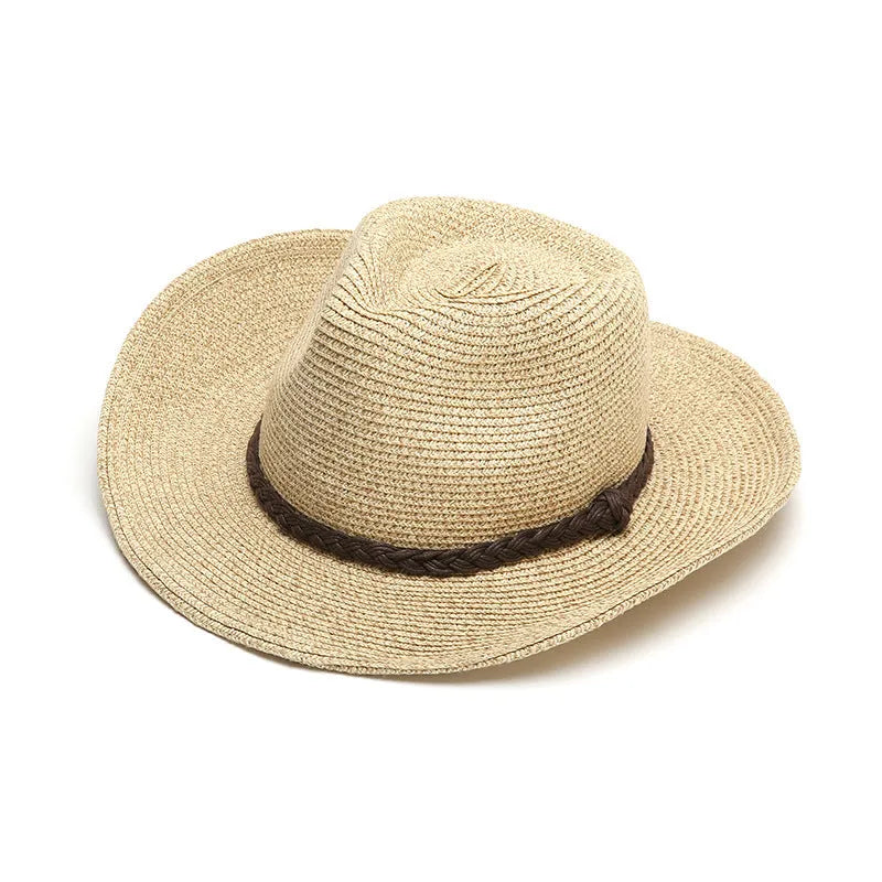 Men's foldable straw sun hat with wide brim in beige colour shown folded and unfolded