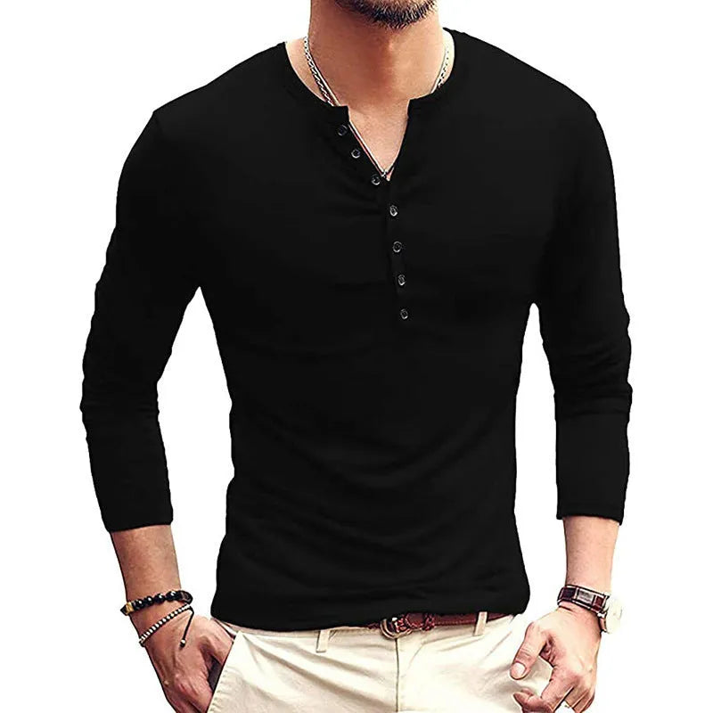 European and American men's long sleeve cotton blend t-shirt in solid colour, pullover style, available in sizes S to XXL