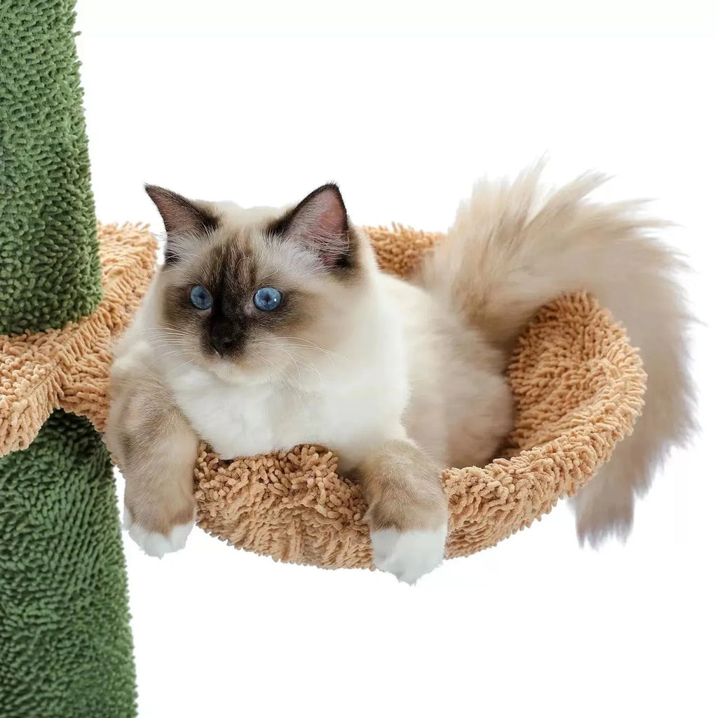 Tall solid wood cat climbing frame with integrated scratch board, cat toy, and elevated nest.