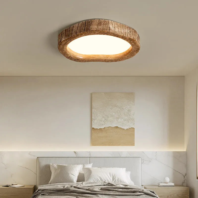 Round wood grain finish ceiling lamp in New Chinese style, shown in a bedroom setting.
