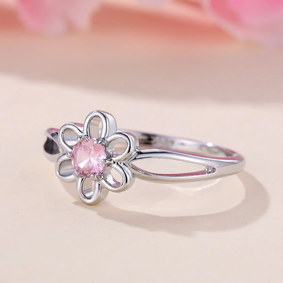 Lady's flower hollowed fashion simple copper ring with electroplating finish in platinum pink diamond colour