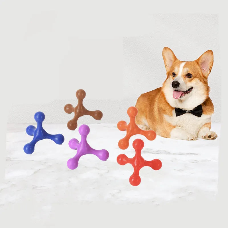 Blue three-legged silicone chew toy for small dogs on a white background.