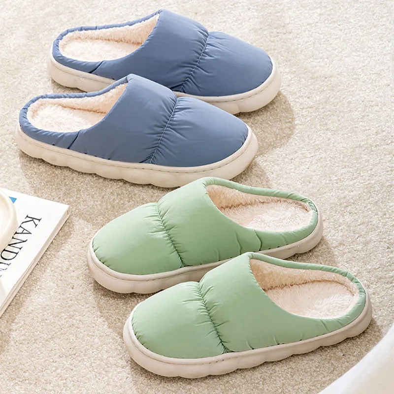 Artificial leather winter house slippers with thick rubber anti-slip soles and plush lining in blue colour