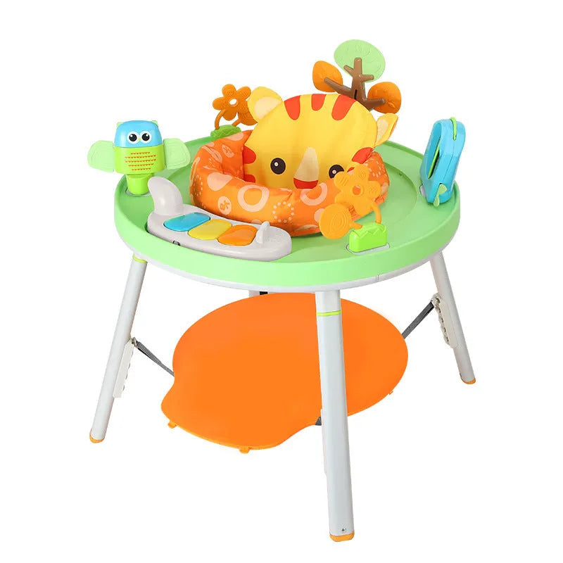 Baby in three-in-one jumper seat with duck design, bouncing with interactive toys