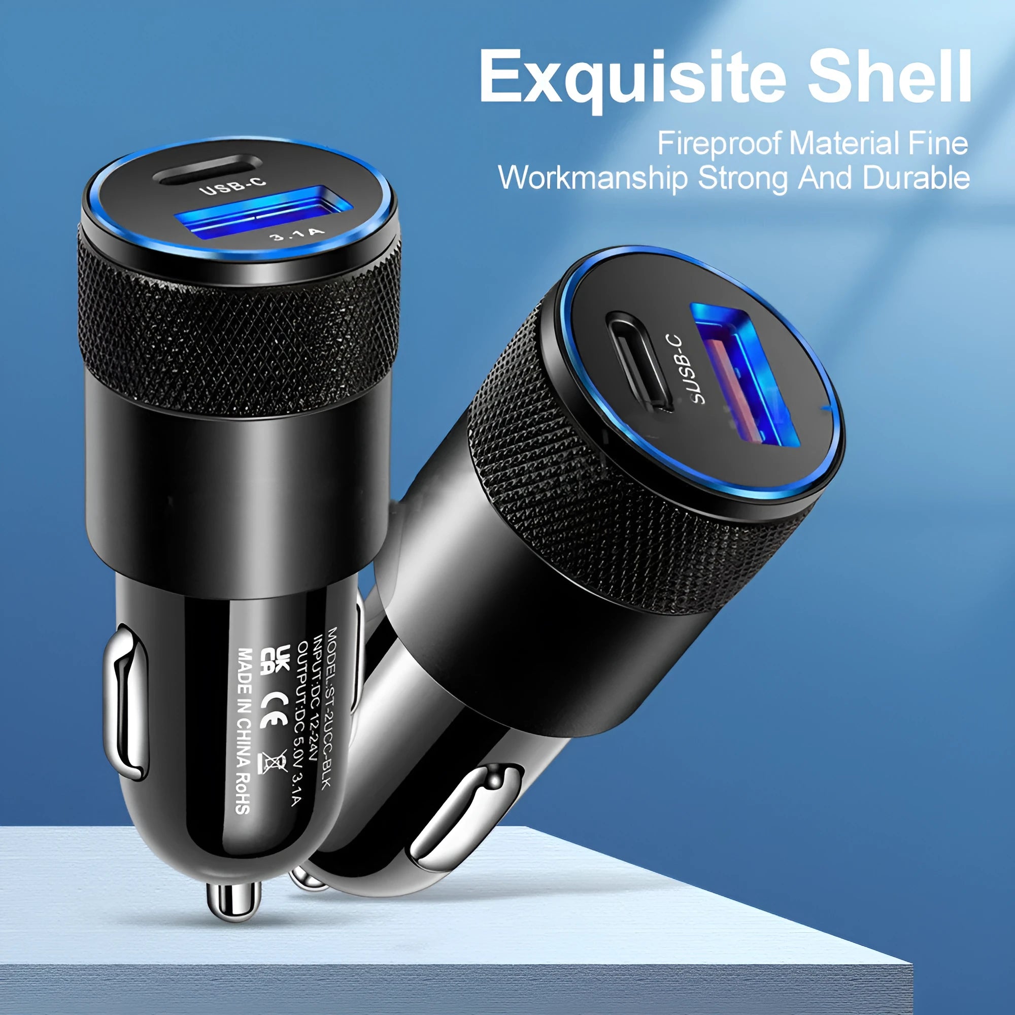 Aluminium alloy mobile phone car charger with 12V input, compact 2.5 x 6cm size, in All Black finish