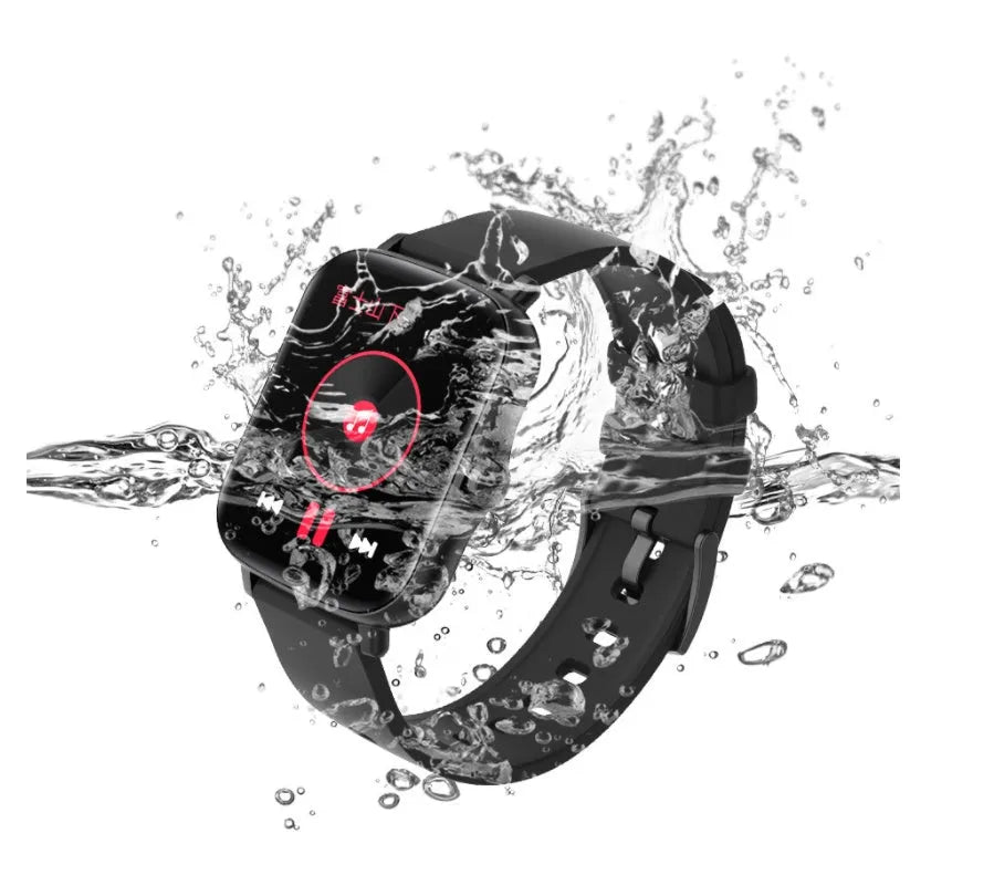 Blue smart sports watch with 1.7-inch touchscreen display showing heart rate monitoring interface