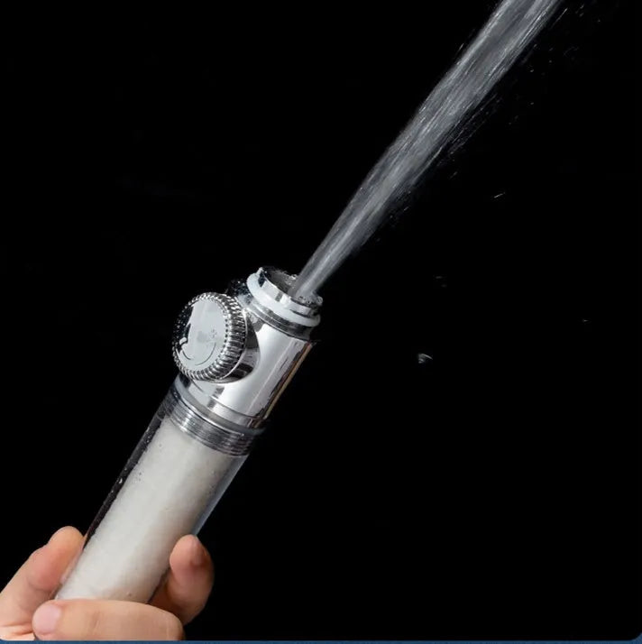 High pressure turbo shower head with ABS body, stainless steel panel, silicone nozzles, and one-key stop button