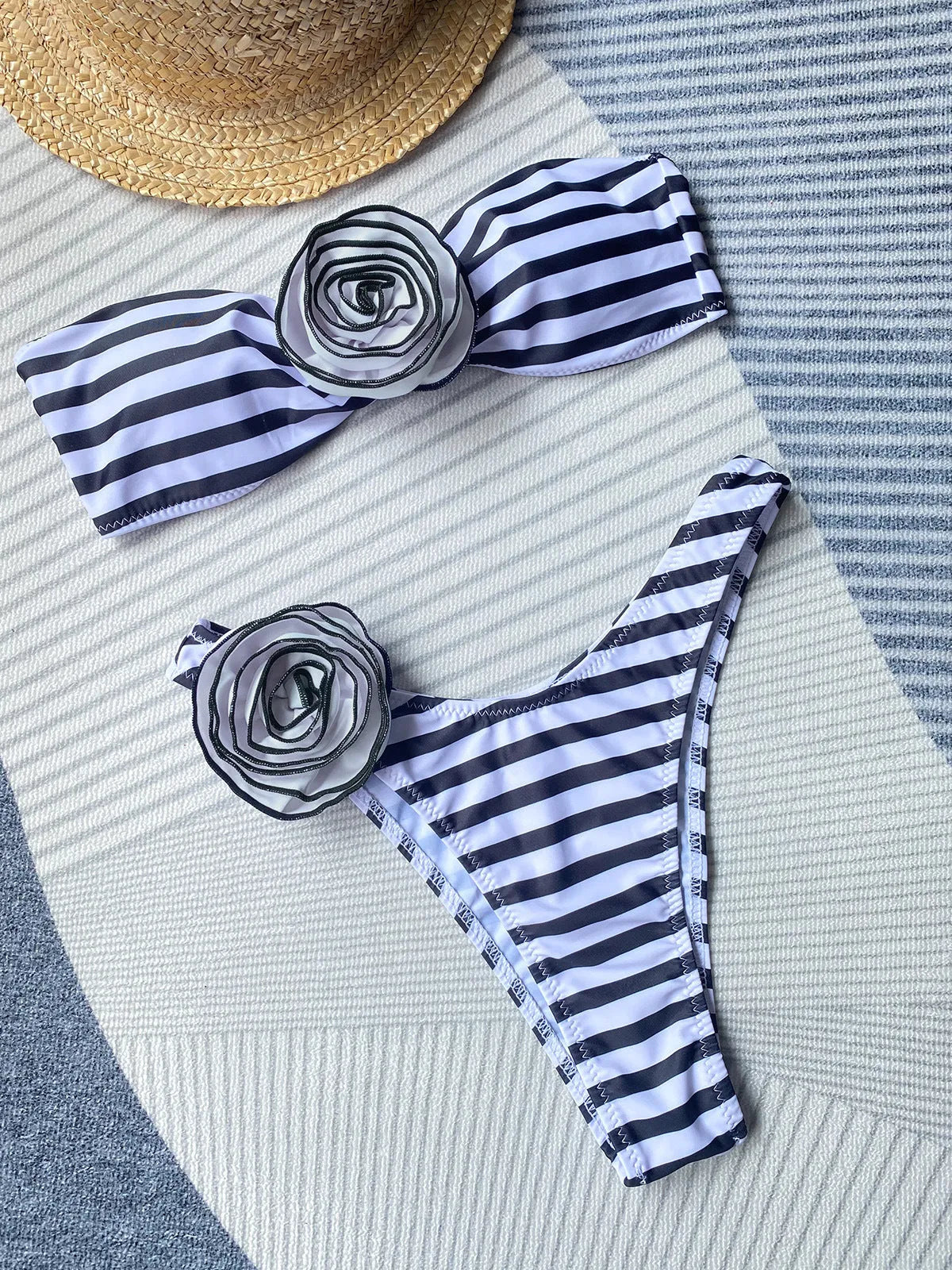 Split swimsuit bikini set with tube top and shorts in striped colour option