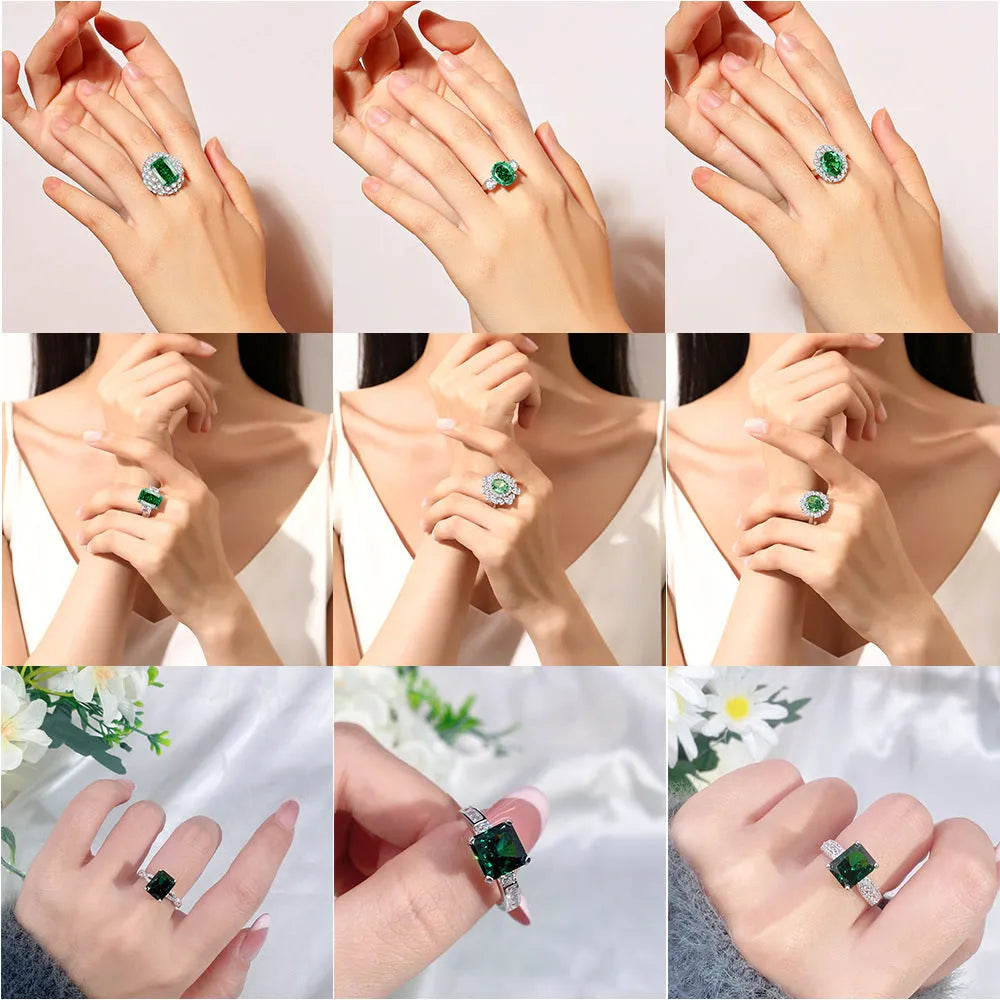 S925 sterling silver ring with a green emerald in a geometric Palaibahao setting on a woman's finger.