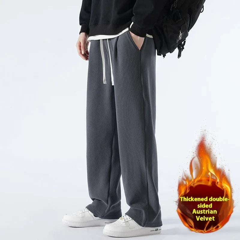 Men's apricot coloured double-sided polar fleece loose-fit sports trousers with a drawstring waist