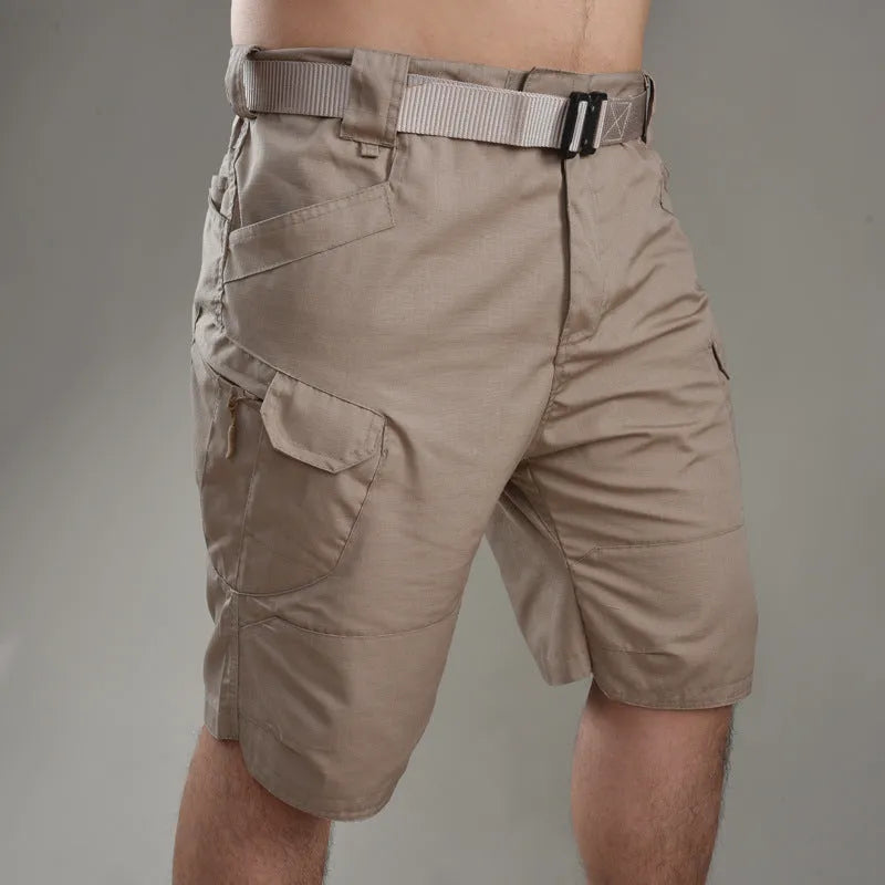 IX7 tactical shorts in khaki cotton blend fabric, wear-resistant for hiking camping spring outdoor work, button model closure
