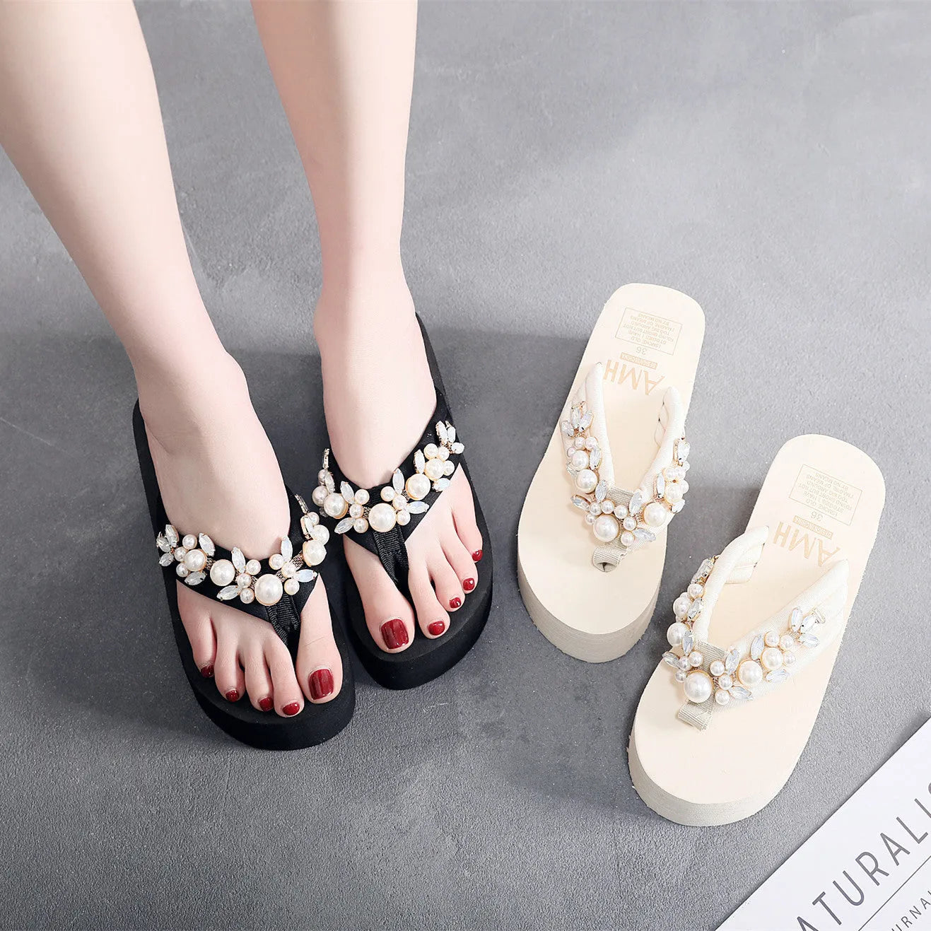 Women's beige high-heeled flip-flops with a casual cotton cloth upper.
