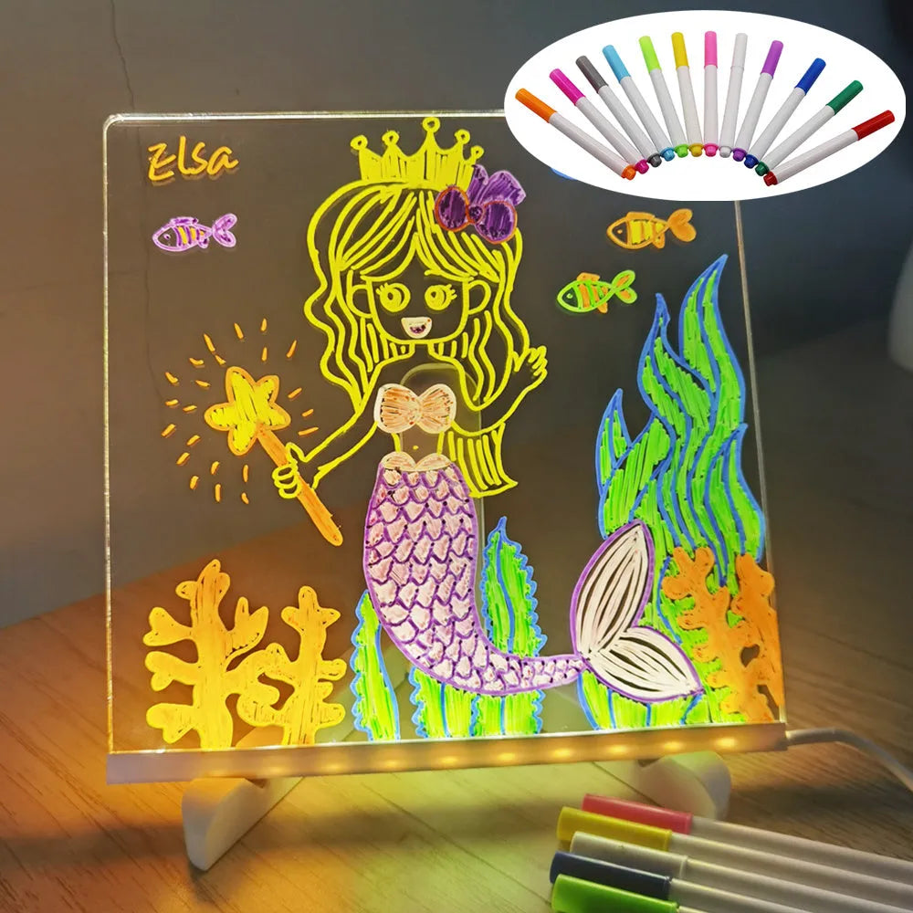 Acrylic DIY note board LED night light showing a transparent board with written messages, USB power, and bracket setup