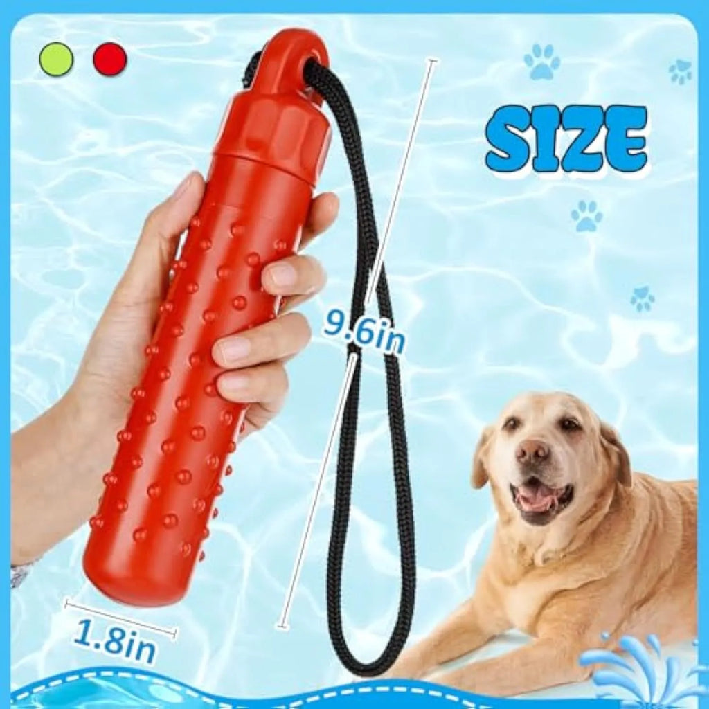 Two floating dog pool toys in red and green, TPR material with rope, 240x45mm, floating on water