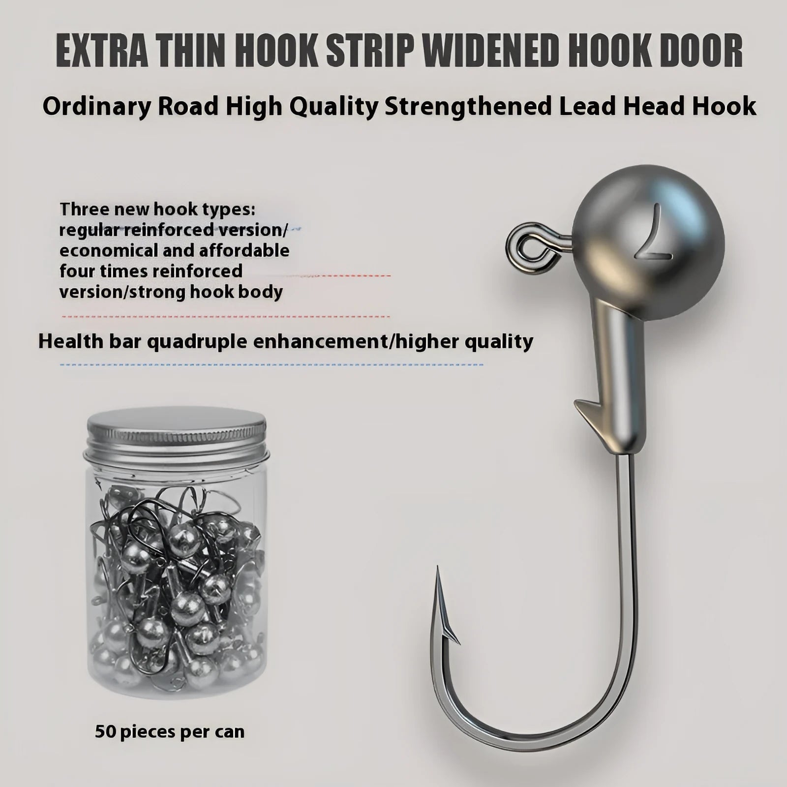 50-piece enhanced steel jig fishing hooks with 7G weight and primary colour options