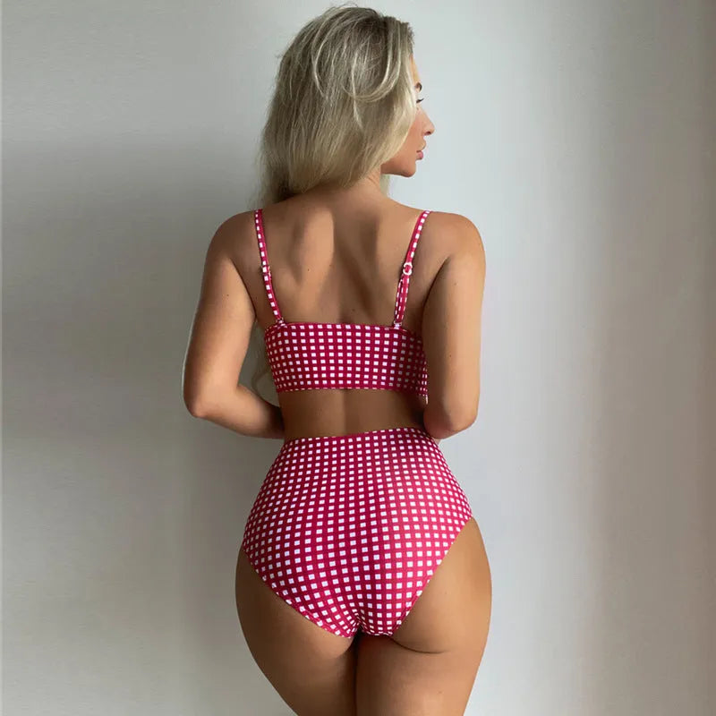 Women's high-waisted plaid bikini swimsuit in rose red, shown as a top and briefs set.